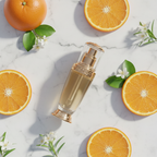 Sérum vitamine C éclat sur marbre blanc entouré de tranches d'orange et de fleurs blanches