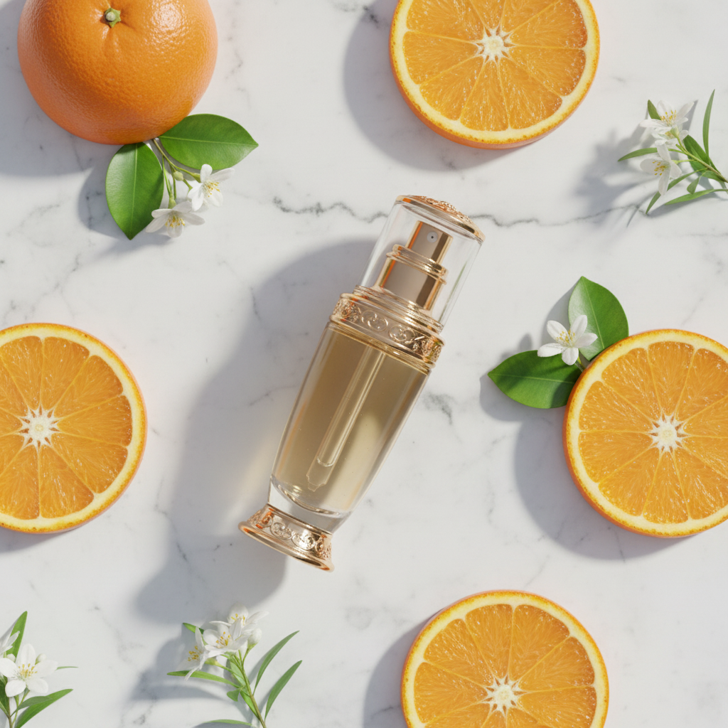 Sérum vitamine C éclat sur marbre blanc entouré de tranches d'orange et de fleurs blanches
